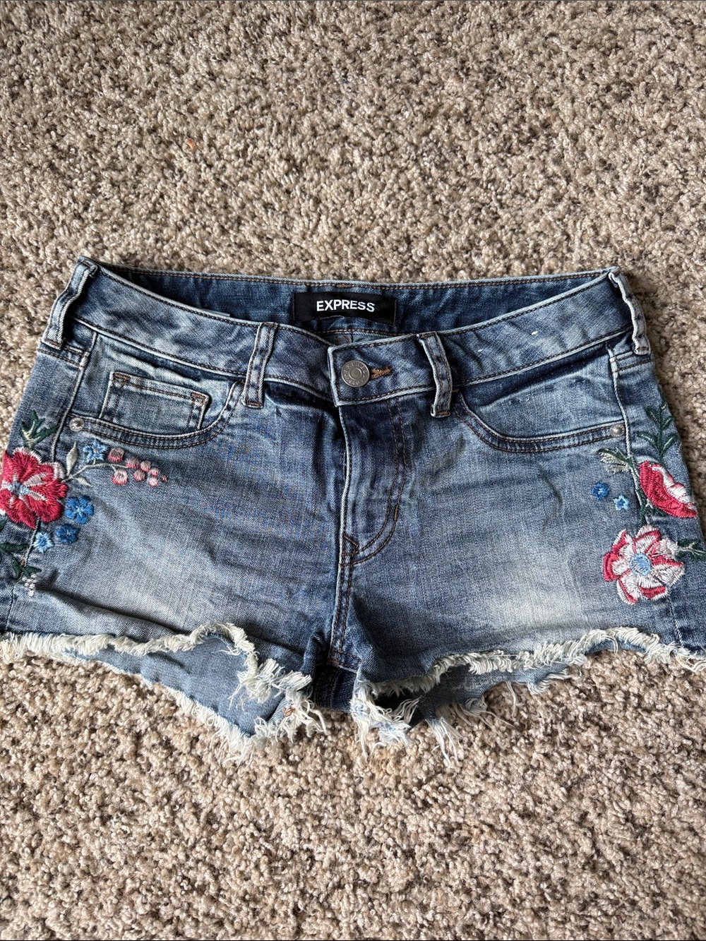 Express Distressed Denim Shorts with Floral Embroidery - Blue